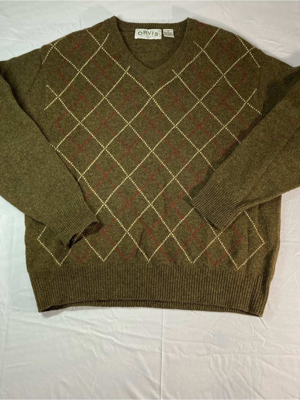 Orvis Olive and Cream Argyle V-Neck Sweater
